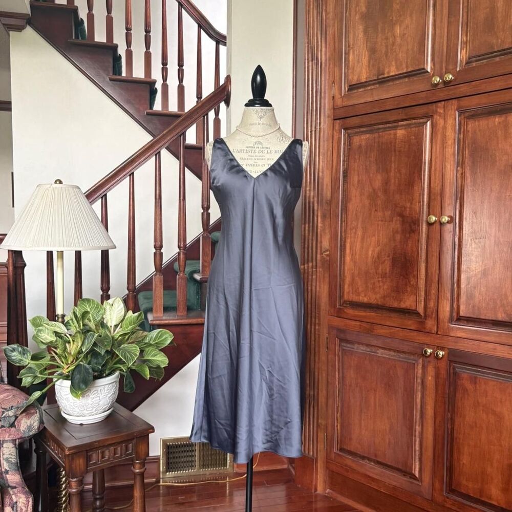 Victorias Secret Silver Satin Slip Dress Nightgown Elegant Sexy Timeless 90s